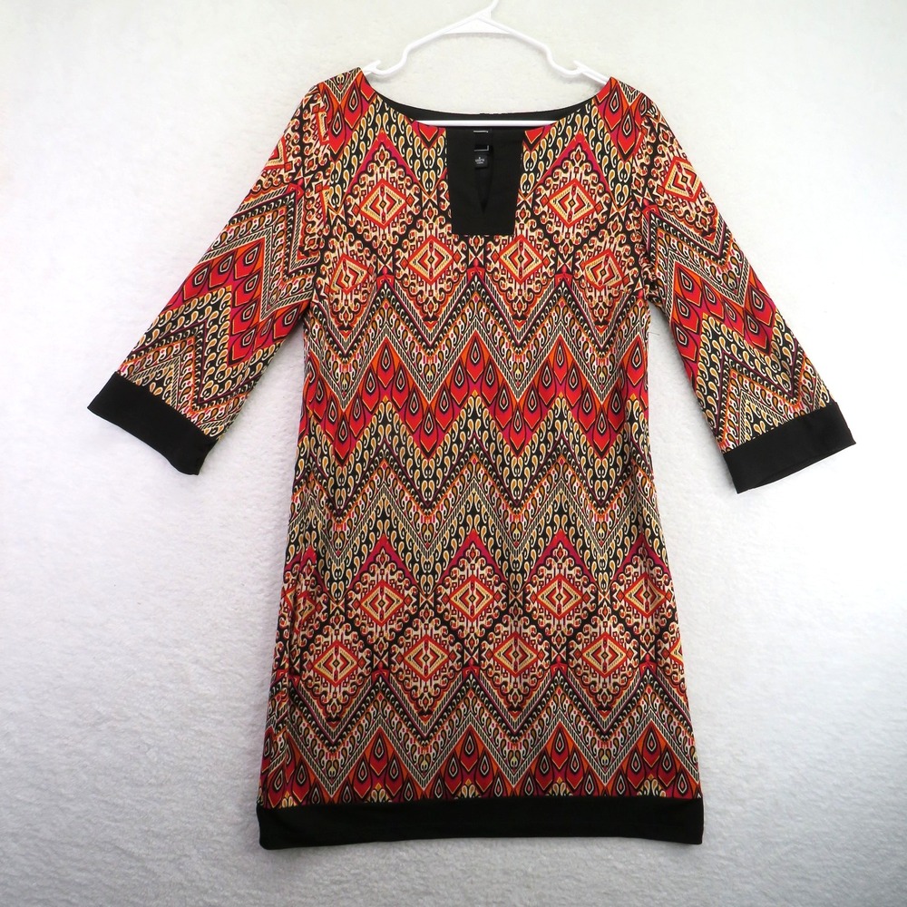 RMLL Dress Womens 8 Boho Geometric Print 3/4 Sleeve Tunic Retro V Neck‎